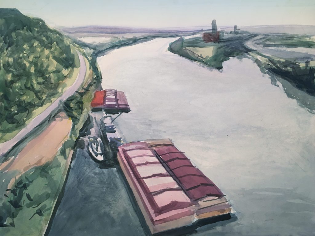 Watercolor painting of Mississippi River from High Bridge, Saint Paul, Minnesota
