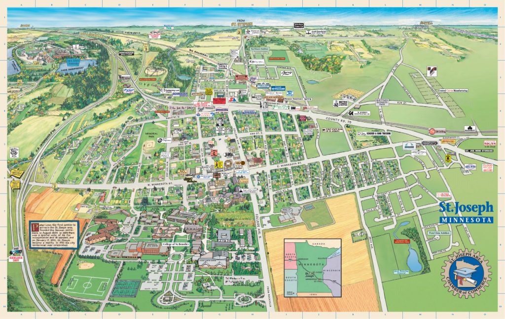 Illustrated aerial map of St. Joseph, Minnesota, including campuses of the College of St. Benedict and St. John's University. By Richard Schletty.